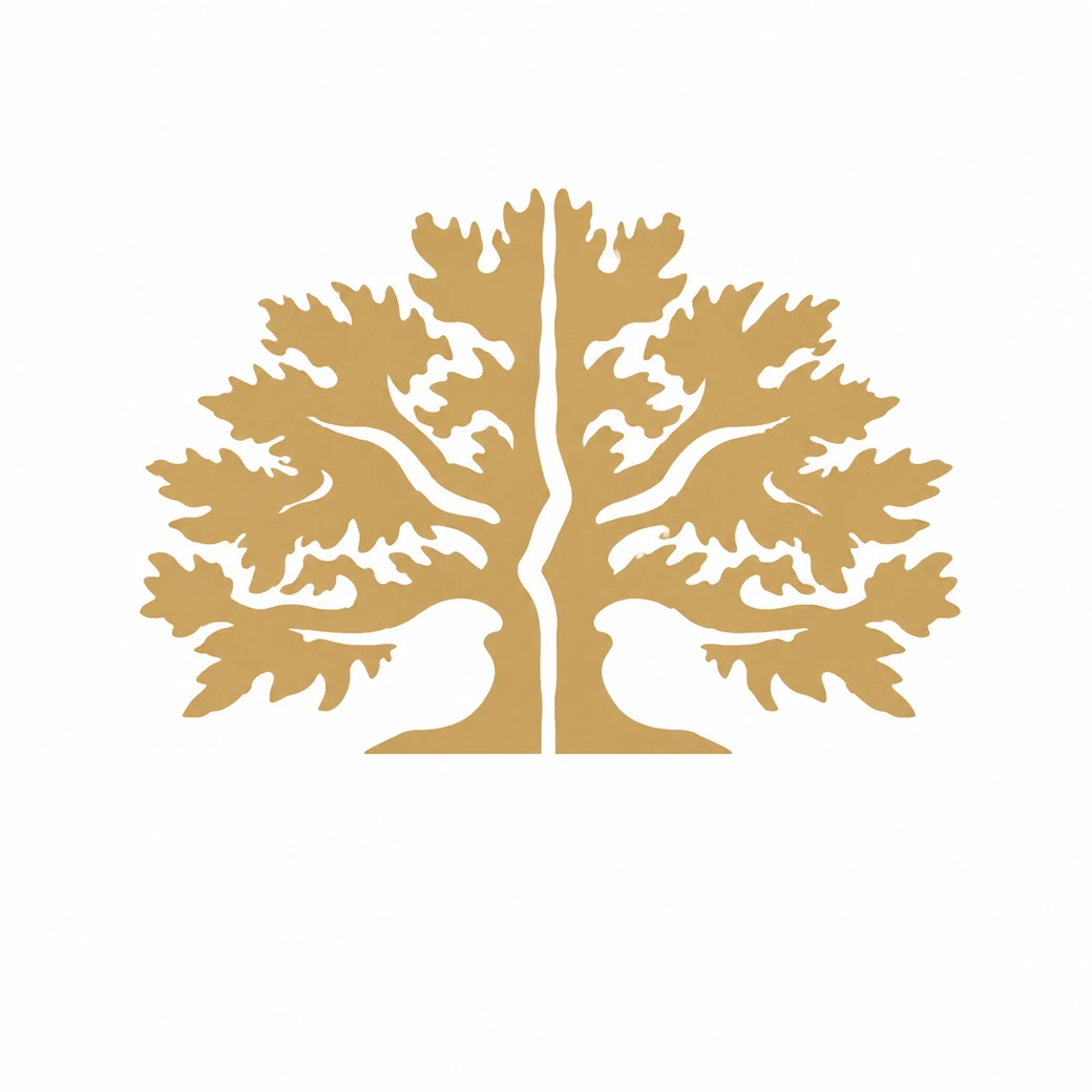 Warm brass split-oak tree emblem on white